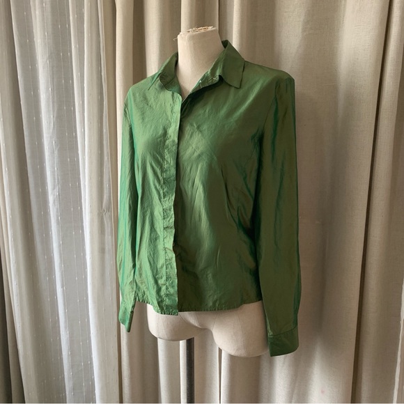 OLSEN SILK GREEN GOLD BUTTON DOWN BLOUSE S10 - Picture 3 of 8